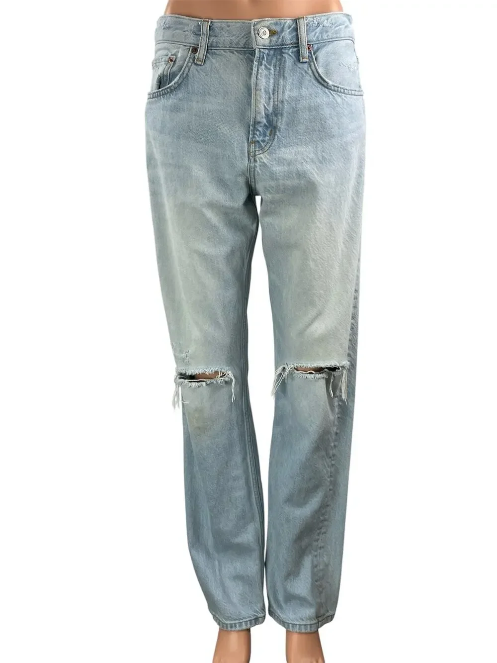 Zara Women's Blue Light Wash High Rise Distressed Straight Denim Jeans Size 6